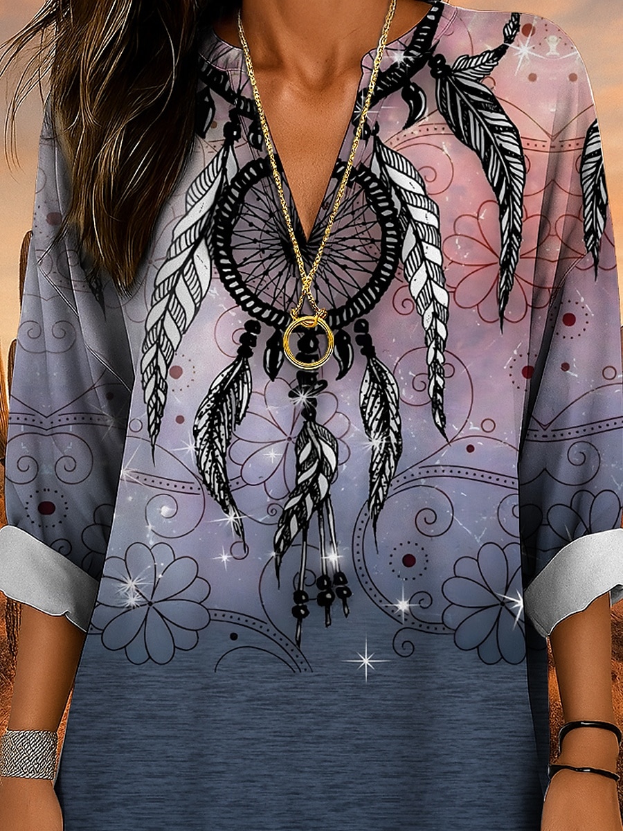 Damenbluse Langarm Tunika Tops Graphic Bohemia Vintage Tropical V-Ausschnitt Reguläre Tops Tägliche Urlaub Strandbekleidung Druck Blau Lila Braun Grün Sommer Frühling 2025 - $24.99 –P3