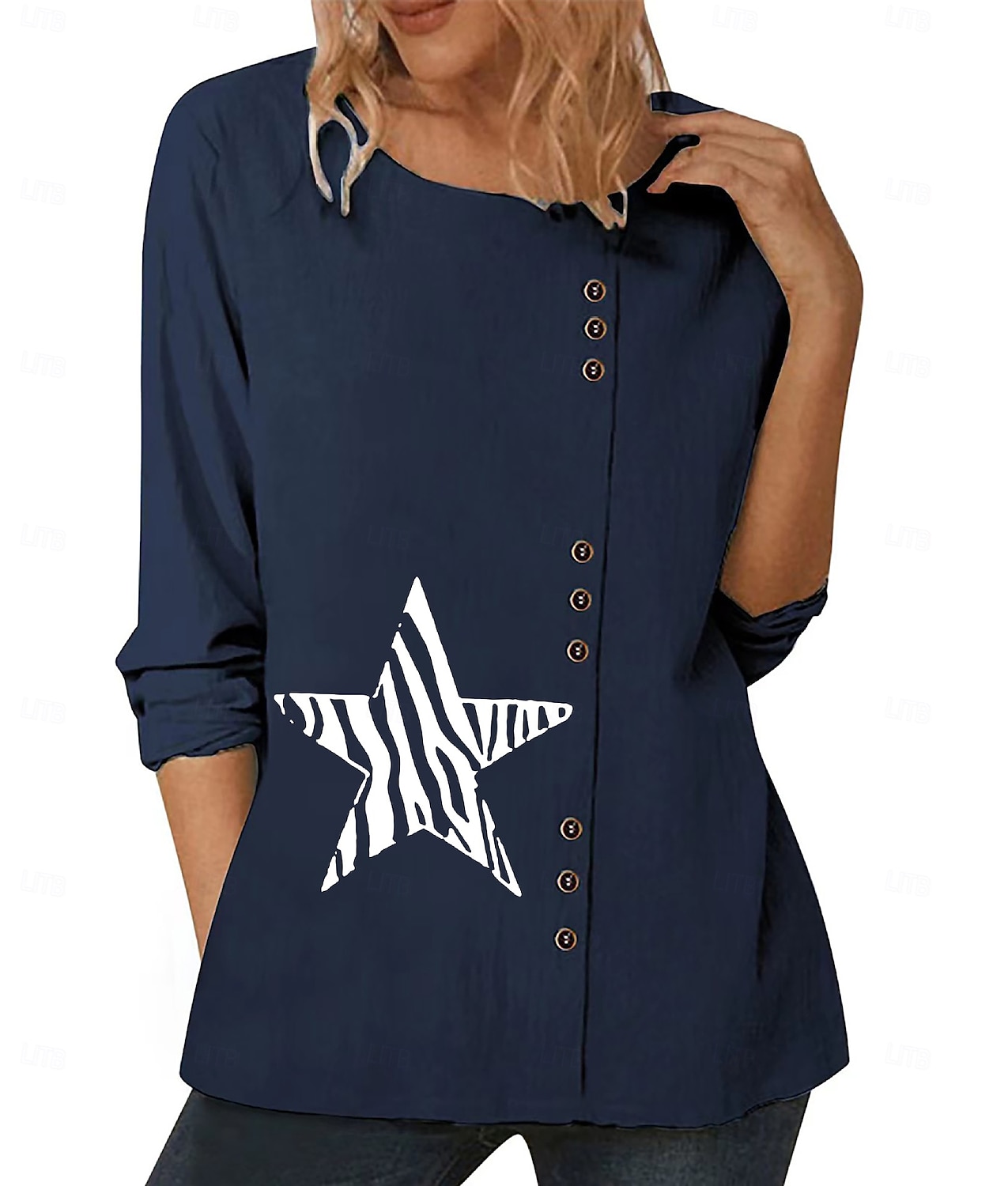 Women's Blouse Graphic Star Elegant Vintage Fashion Long Sleeve Crew Neck Round Neck Regular Tops Daily Going out Weekend White Blue Dark Blue Fall 2025 - $22.99 –P4