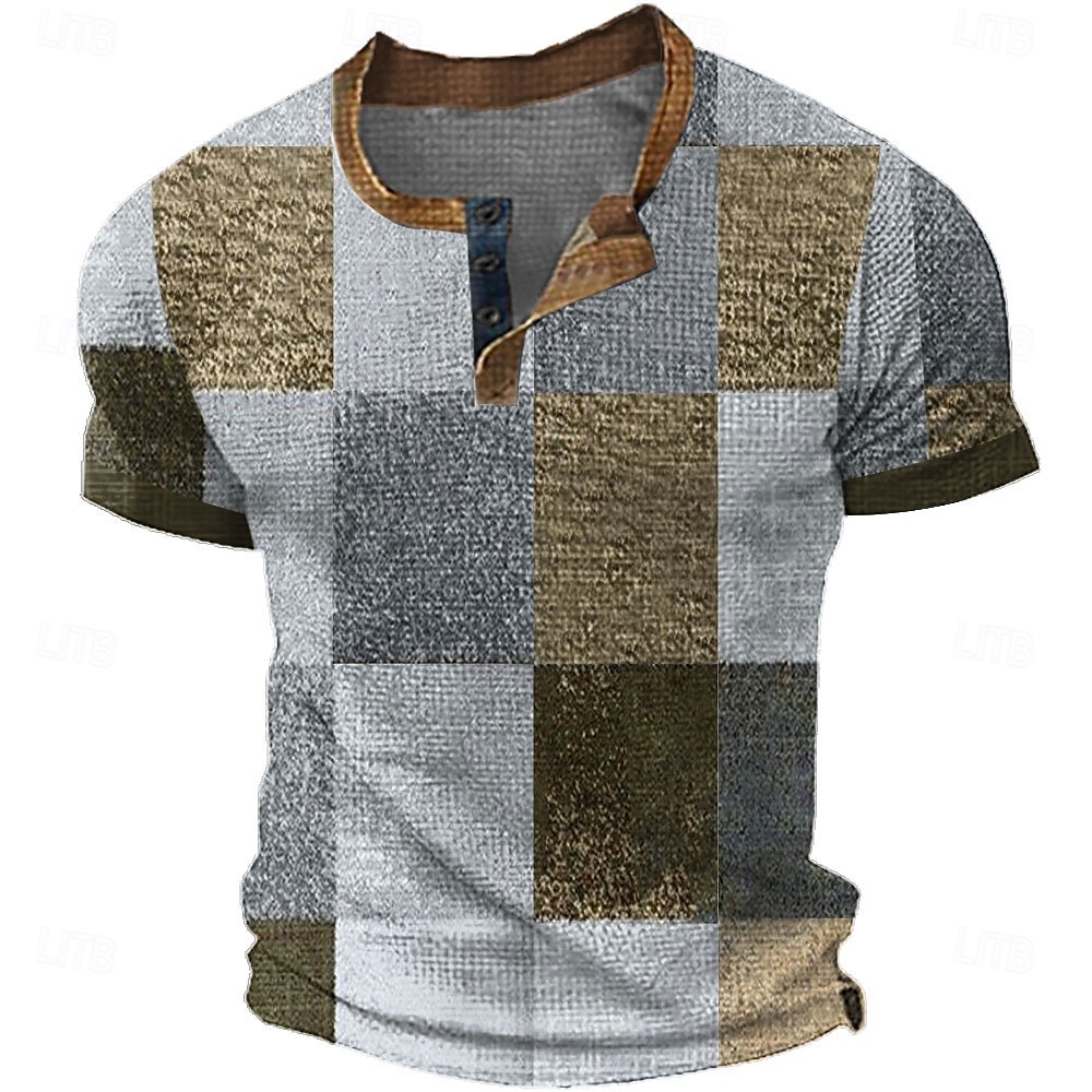 Miesten Faux Patchwork kuvio Henley-paita Vohveli T-paita Lyhythihainen Päivittäin Retro / vintage Klassinen Urheilu ja ulkoilu Kausaliteetti Pyhäpäivä Kevät kesä Kaikki vuodenajat Sininen Keltainen 2025 - $19.99 –P3