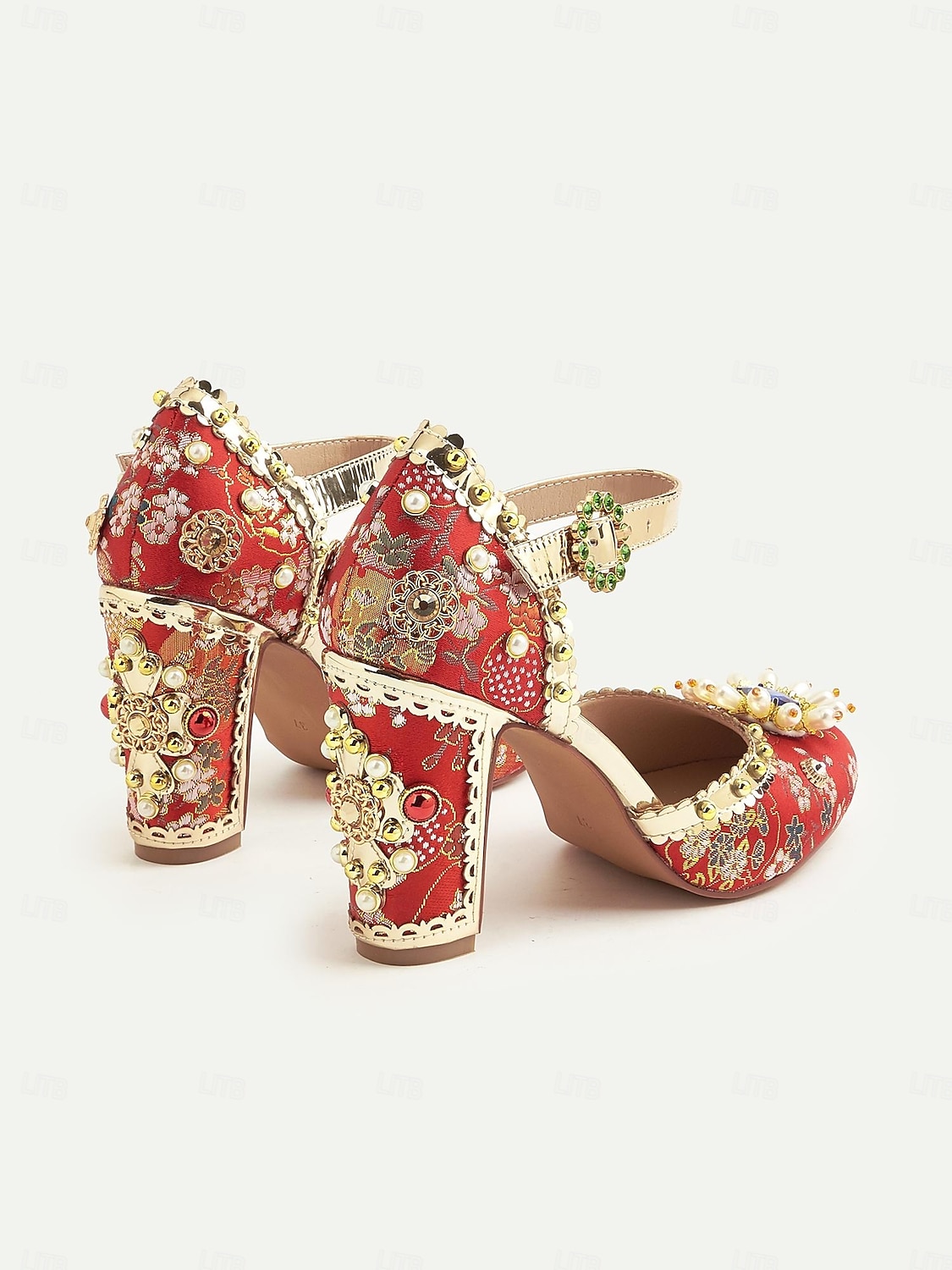 Røde blomsterbroderte damehæler med perle- og edelstensaksenter – vintage-inspirerte, tykke blokkhæler fra 1920-tallet for spesielle anledninger, bryllup og fester 2025 - $109.99 –P5