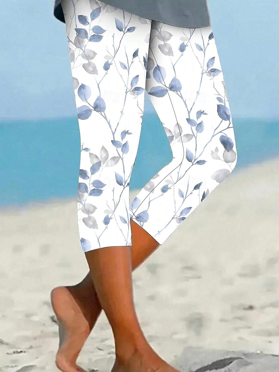 Women's Leggings Vacation Vintage Basic Calf-Length High Waist Graphic Leaf Breathable Quick Dry Soft Stretchy Casual Daily Holiday Robin's Egg Blue Yellow Red Green Summer Spring Slim Fit 2025 - $18.99 –P1