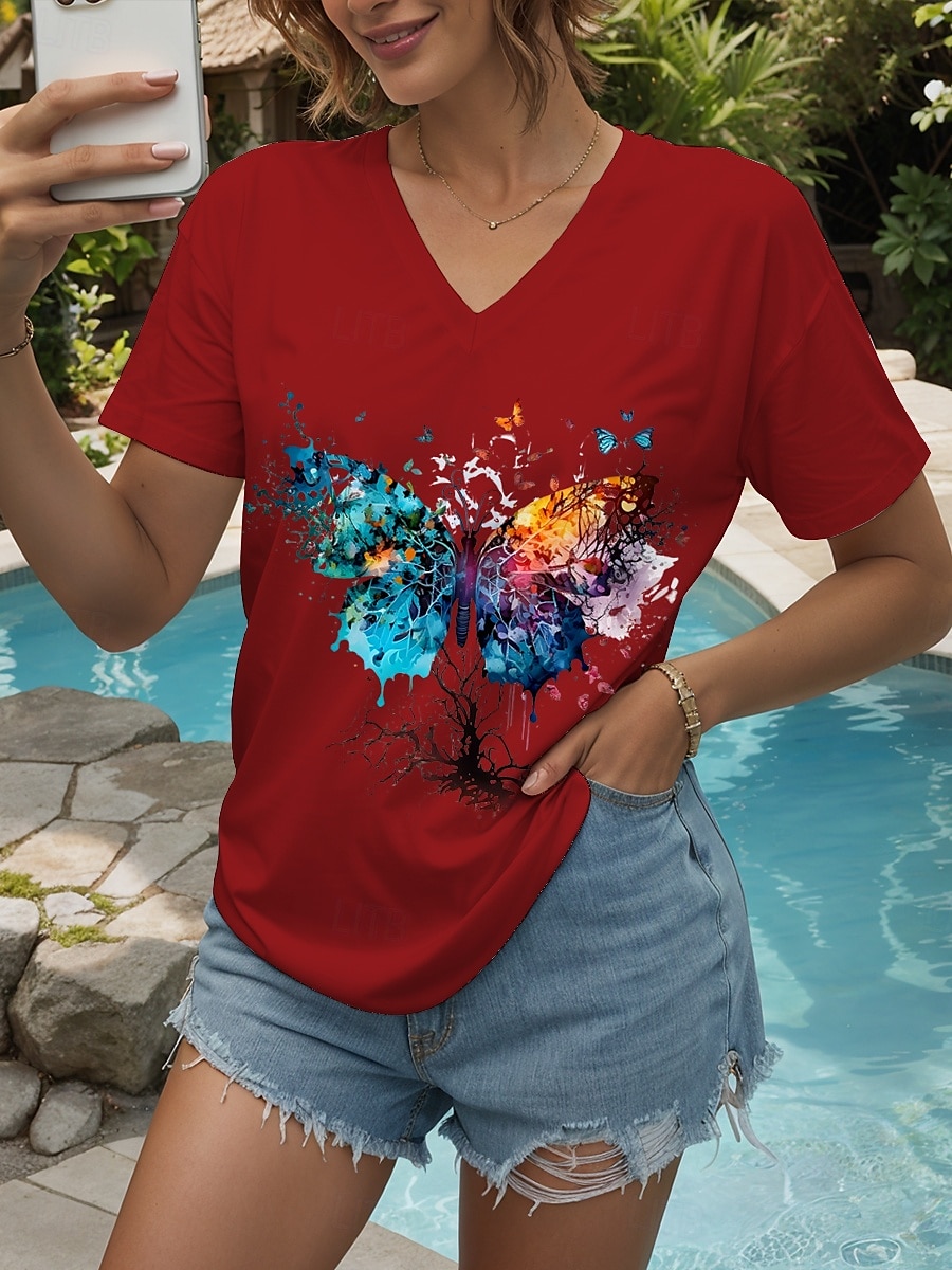 Pentru femei Tricou Grafic Animal Fluture Epocă Stilat Clasic Manșon scurt În V Topuri obișnuite Zilnic Ieșire Sfârșit de săptămână Imprimeu Negru Alb Galben Roz Îmbujorat Roșu-aprins Vară Primăvară 2025 - $19.99 –P9