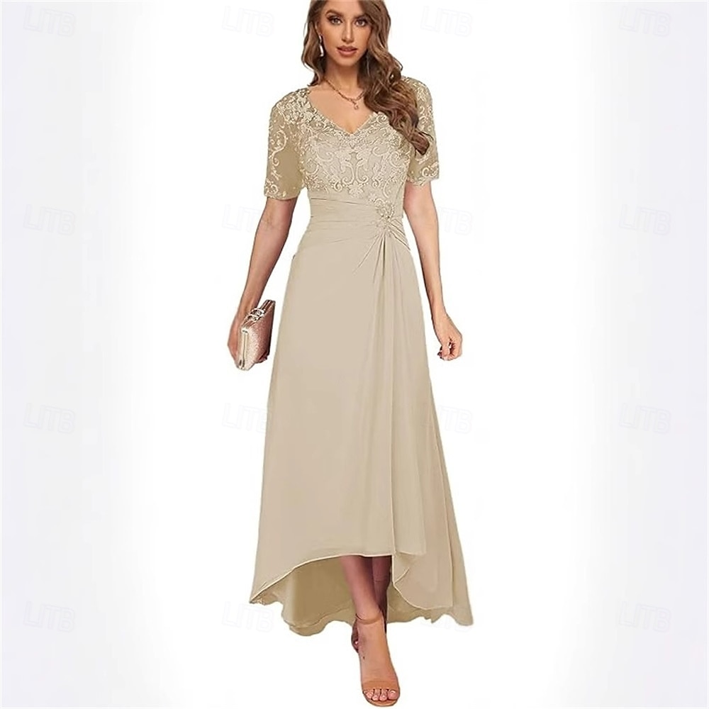 A-Linie Mutter der Braut Kleid Elegantes Einfaches V-Hals asymmetrisches Chiffon Kurzarm mit einfarbig 2025 - $119.99 –P6