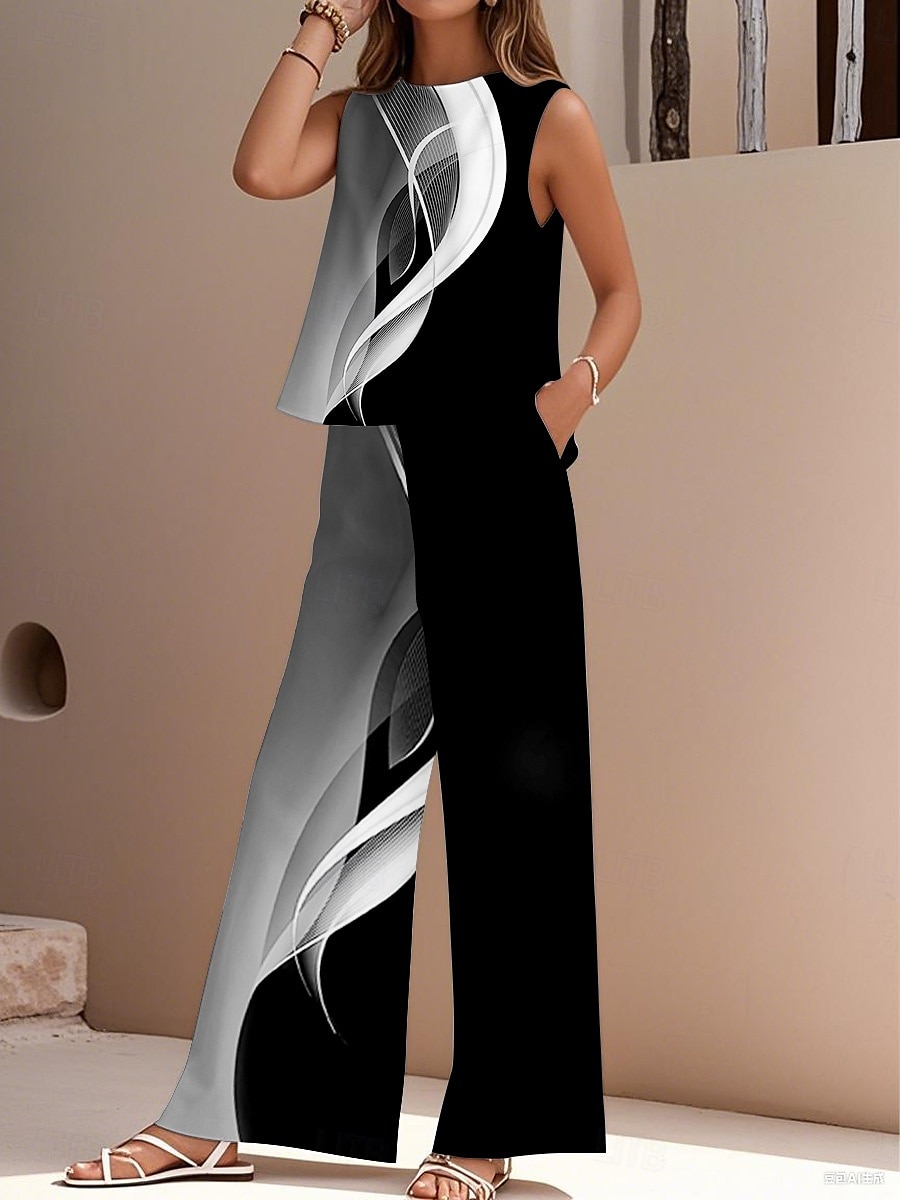 damskie eleganckie modne streetwear dwuczęściowe zestawy bluzka kamizelka spodnie bez rękawów okrągły dekolt outdoor praca swobodny geometryczny gradient nadruk wakacje codzienne wakacje biały niebieski fioletowy lato regularny krój 2025 - $36.99 –P1