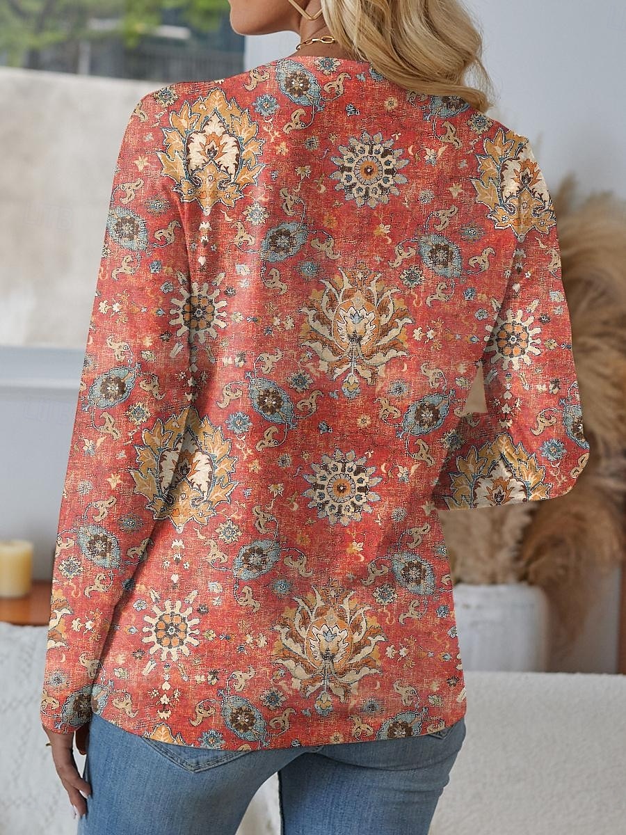 Dame T skjorte Grafisk Geometri Stilfull Fritid Langermet Crew-hals Vanlige topper Daglig Helg Trykt mønster Gul Blå Fuksia Oransje Sommer 2025 - $23.99 –P2