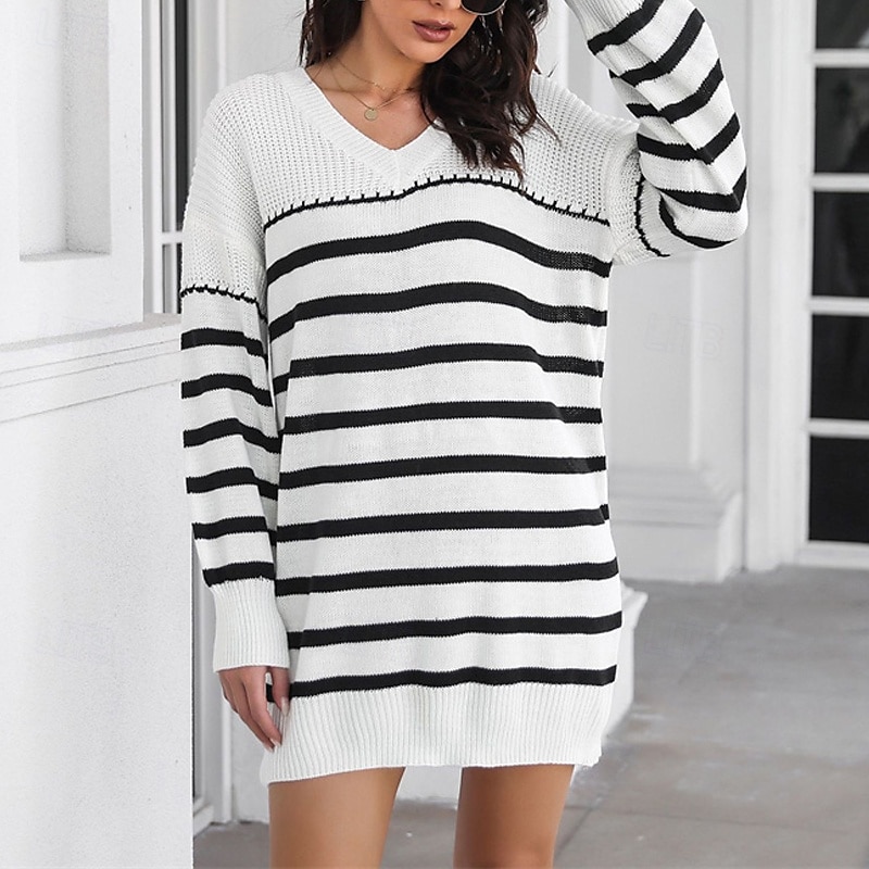 Femmes Mini Robe Robe Pull Robe Décontractée Mode Extérieur Soirée Fête Coupe régulière Rayé manche longue Col en V Noir Blanche Automne de 2025 ? $25.99 –P2