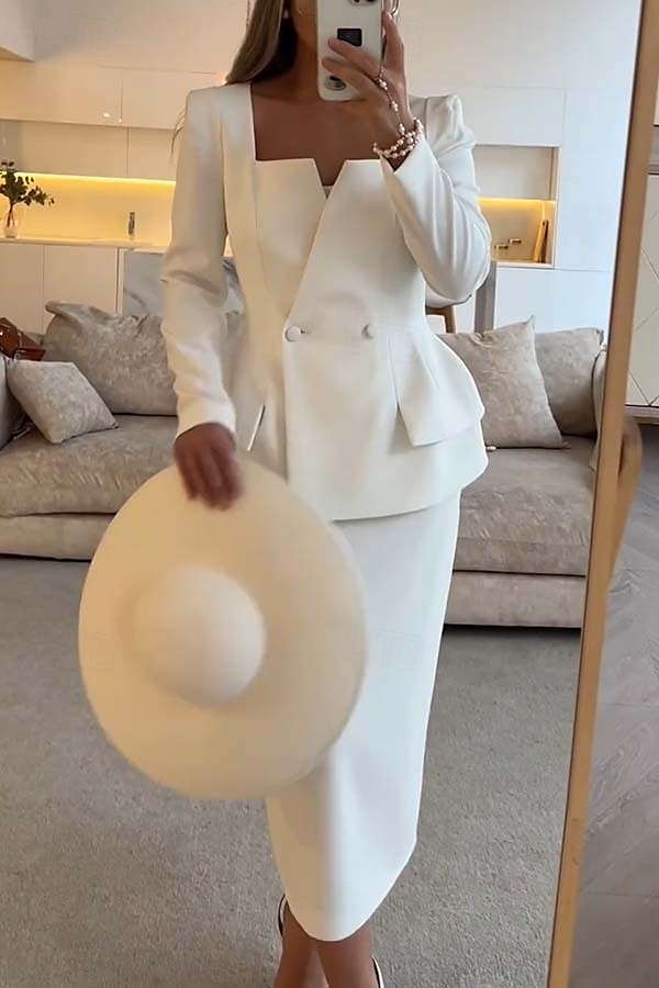 Zweiteilig Meerjungfrauenschnitt Brautmutterkleid Formell Elegant Einfach Minimalistisch Quadrathals Tee-Länge Krepp Stretchstoff Langarm mit Einfarbig 2025 2025 - $139.99 –P3
