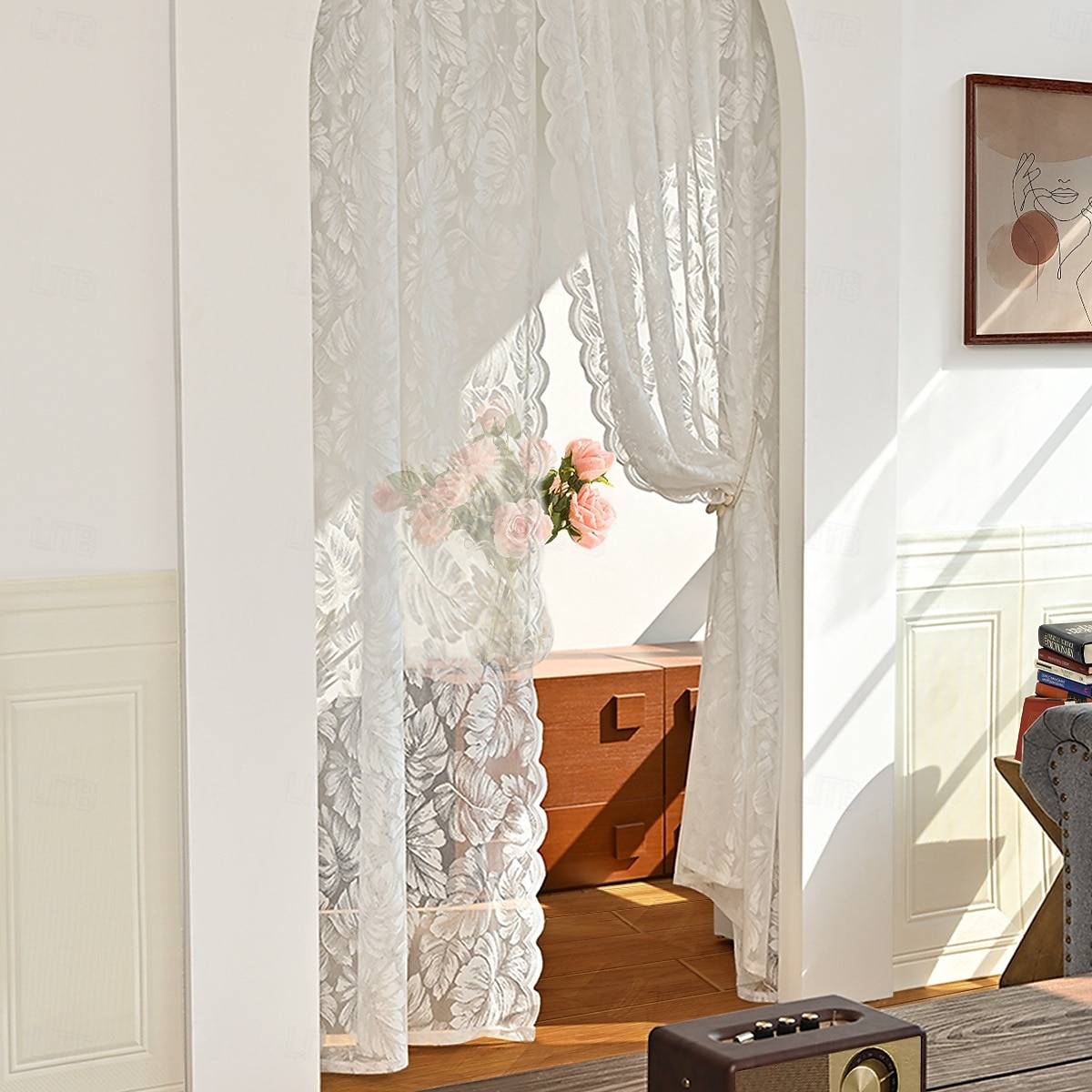 Fransk spetsgardiner lantgårdscalloped trim semi-transparent gardiner broderade fönstergardiner med krok vintage fönsterdraperier för vardagsrum sovrum 2025 - $13.99 –P7