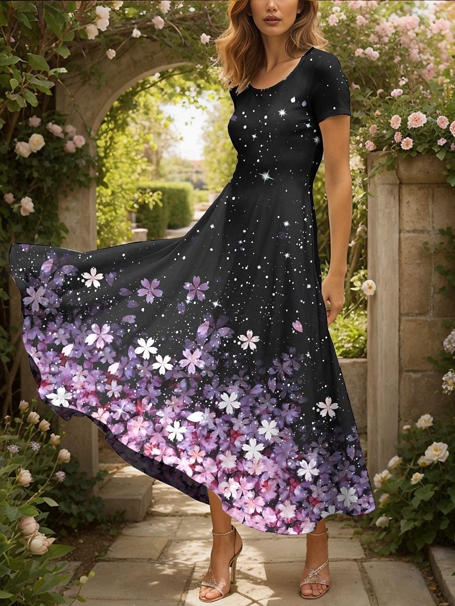 Women's Maxi Dress Knit Dress Casual Dress A Line Dress Summer Dress Elegant Vacation Casual Regular Fit Ombre Floral Graphic Short Sleeve Square Neck Pink Blue Purple Green Summer 2025 - $31.99 –P1