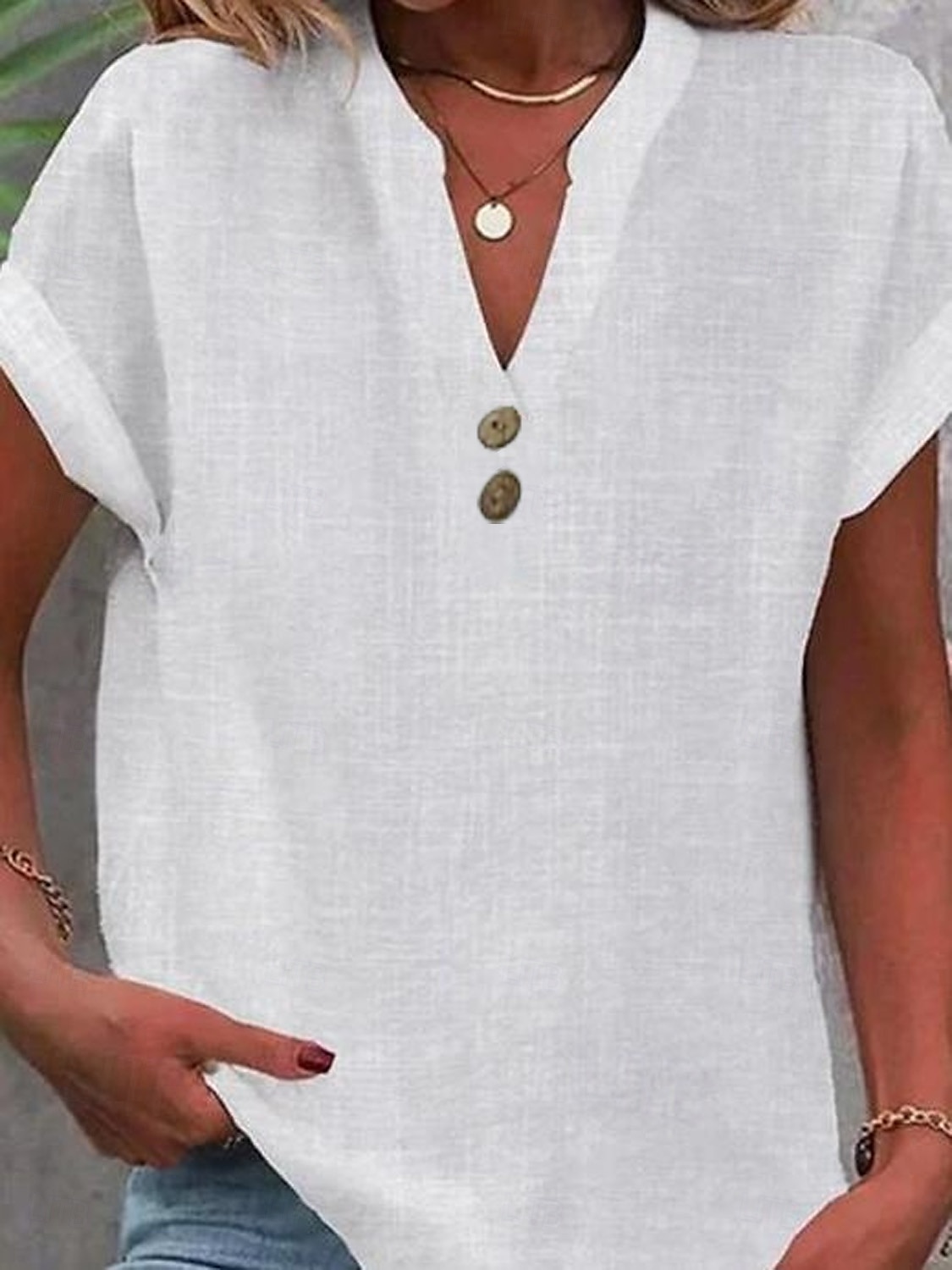 Жен. Рубашка Блуза Искусственный хлопок и лен Пуговицы Сплошной цвет Классический На каждый день С короткими рукавами V-образный вырез Обычные топы Повседневные Офис Белый Лето 2026 - $23.99 –P2