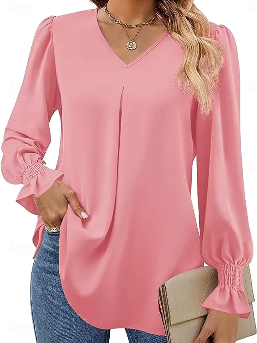 Damen Hemd Einfarbig Einfach Elegant Stilvoll Basic Langarm V Ausschnitt Einkerbiger Ausschnitt Normale Oberteile Arbeit Täglich Ferien Rüsche Rosa Rote Königsblau Orange Khaki Frühling Herbst Winter 2025 - $19.99 –P3