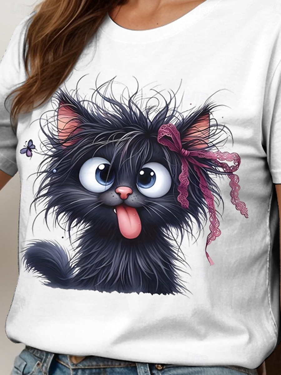 Femmes T-shirt Graphique Animal Chat ancien Élégant Classique Manche Courte Col ras du cou Col rond Hauts Réguliers Quotidien Week-end Imprimé Noir Blanche Rouge Bleu Violet Été Printemps de 2025 ? $19.99 –P3