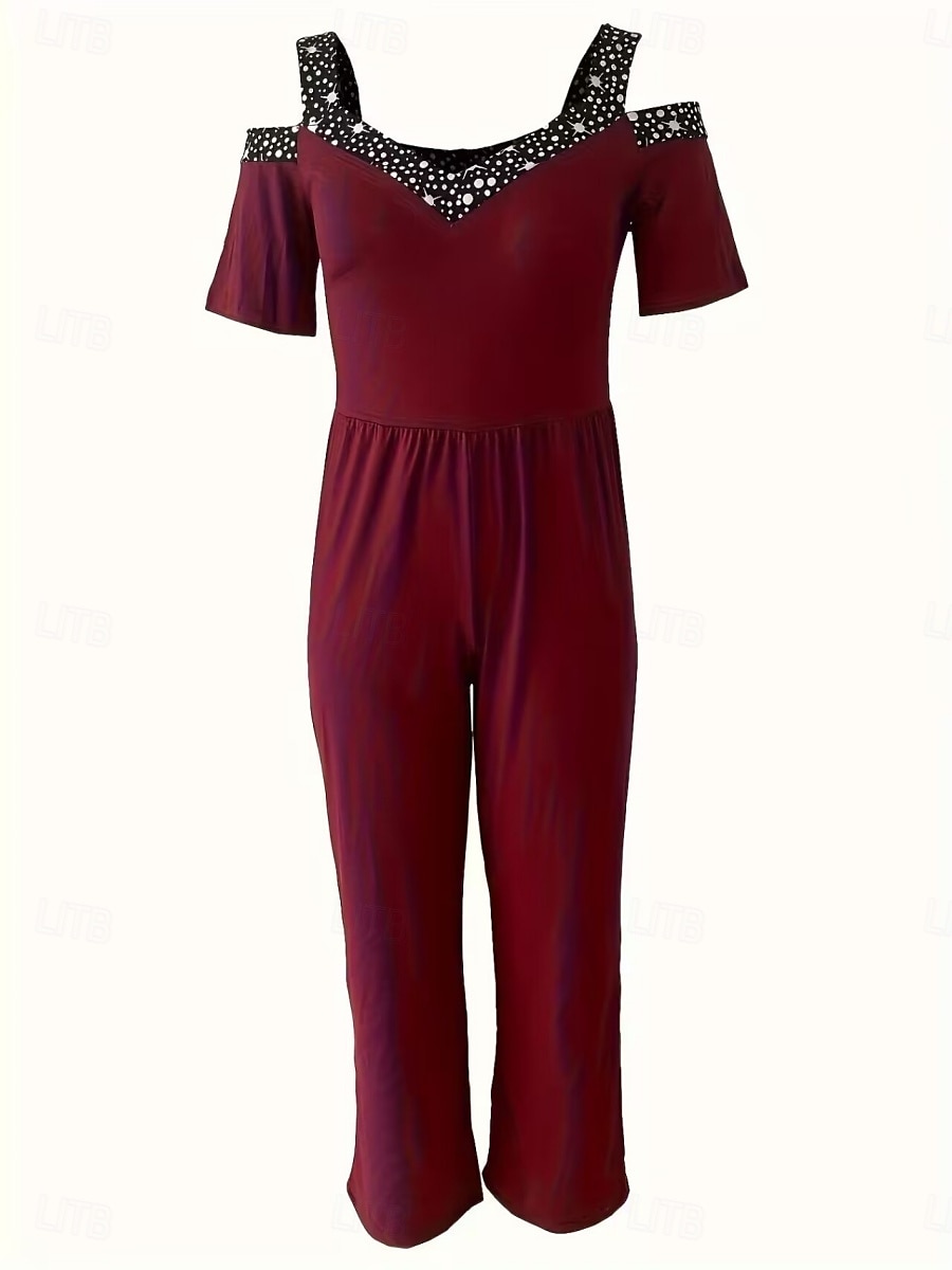 Women's Normal Jumpsuit Elegant Geometric Short Sleeve Wide Leg V Neck Patchwork High Waist Party Work Regular Fit Black Wine Blue Summer 2026 - $28.99 –P6