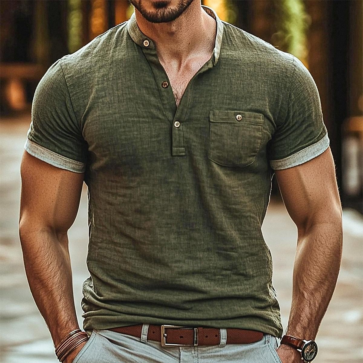 Men's Linen Shirt Cotton Linen Shirt Henley Shirt Tee Henley Top Short Sleeve Solid Color Plain Fashion Designer Casual Color Block Buttons Henley Outdoor Casual Daily Summer All Seasons Navy Blue 2025 - $20.99 –P4