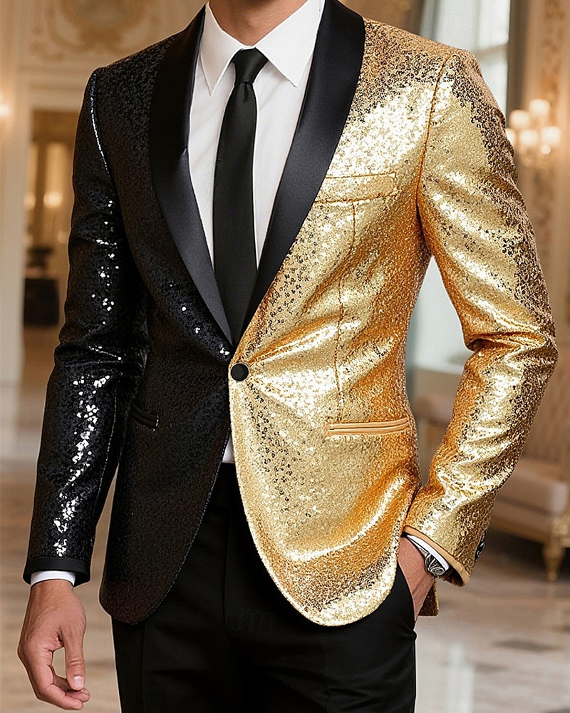 Herren Blazer Geschäft Cocktailparty Hochzeitsfeier Mode Lässig Frühling Herbst Polyester Farbblock Tasche Knöpfe Bequem Einreihig Blazer Gold 2025 - $58.99 –P1