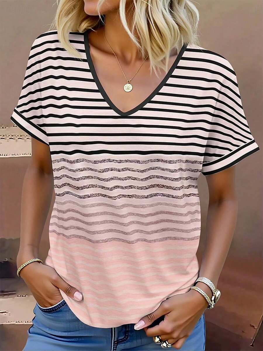 Women's T Shirt Graphic Geometric Striped Stylish Modern Casual Short Sleeve V Neck Regular Tops Daily Print Pink Blue Purple Green Summer Spring 2025 - $19.99 –P3