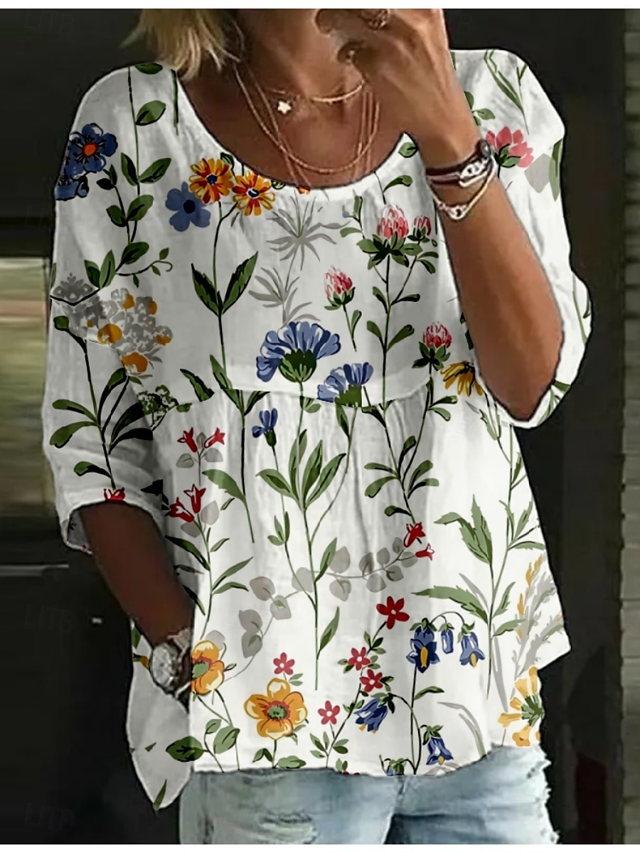 Dame Bluse Blomstret Stilfull 3/4 ermer Crew-hals Vanlige topper Daglig Ferie Trykt mønster Hvit Navyblå Blå Himmelblå Kakifarget Sommer 2025 - $16.99 –P4