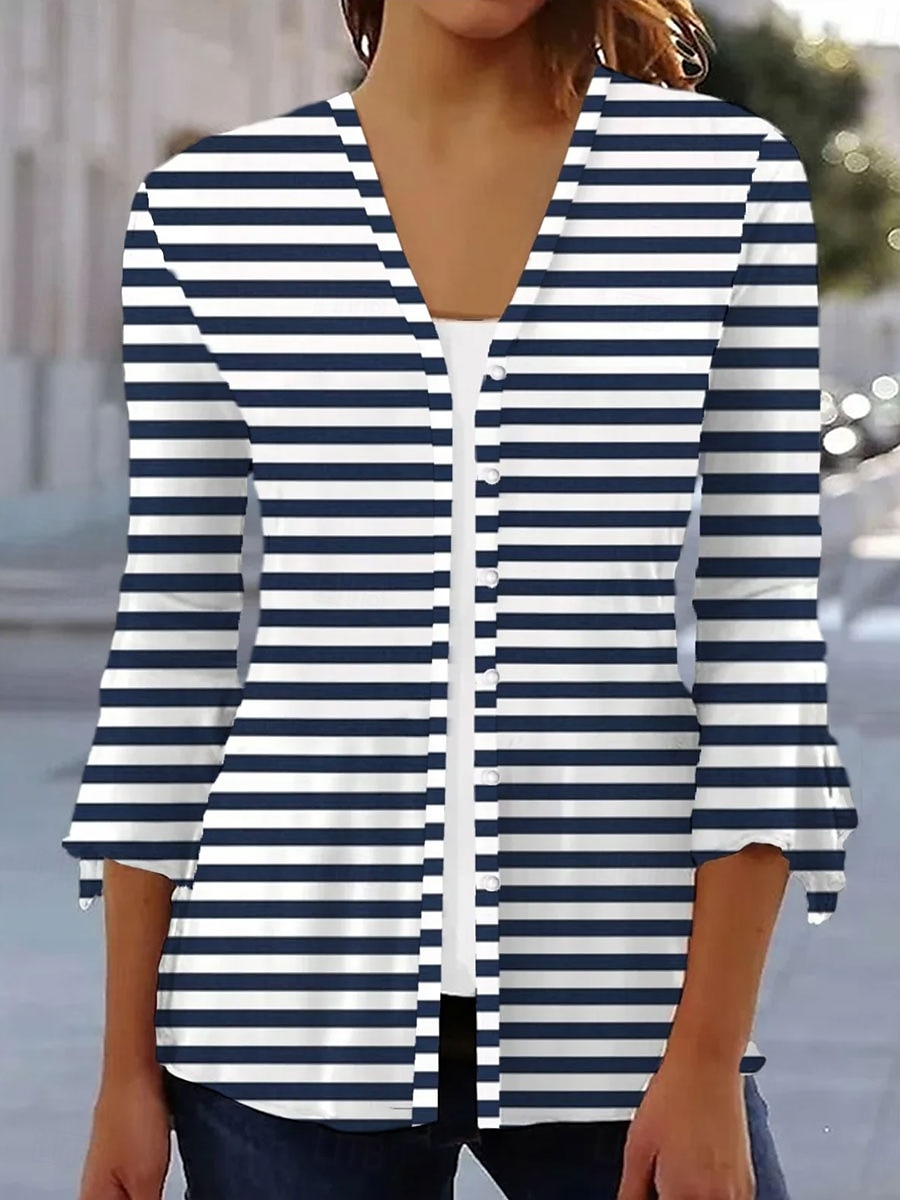 Dame T skjorte Grafisk Stripet Elegant Årgang Stilfull 3/4 ermer V-hals Vanlige topper Daglig Trykt mønster Navyblå Beige Lyseblå Sommer 2025 - $29.99 –P3