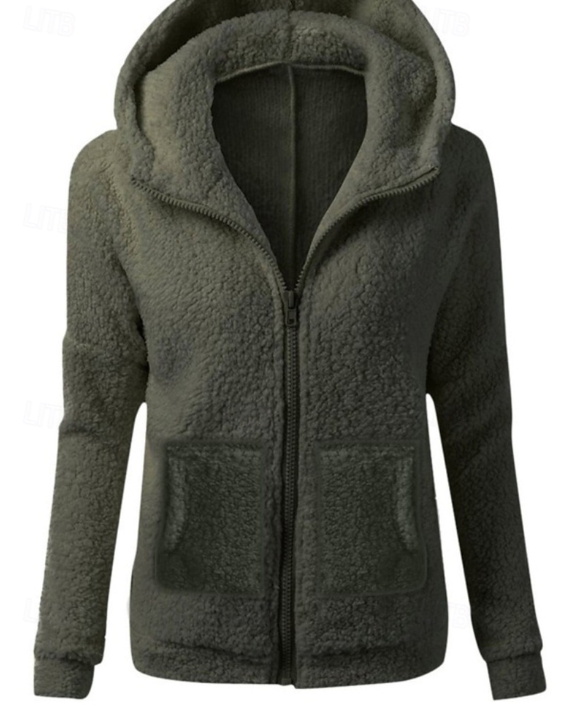 Women's Fleece Jacket Hoodie Jacket Warm Comfortable Zipper Pocket Elegant Fashion Outdoor Solid Color Going out Casual Daily Weekend Zipper Regular Hooded Regular Fit Long Sleeve Outerwear Black 2025 - $21.99 –P7