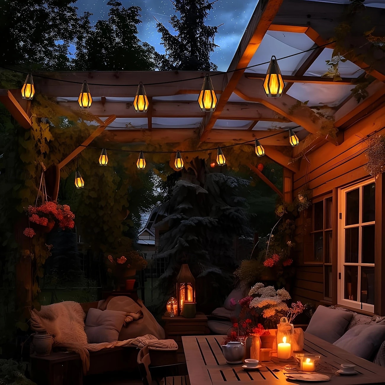 1 kpl 15 lediä ulkokäyttöön vedenpitävä aurinkokenno vilkkuva liekkilyhtysarja puutarhapiha leirintä joulu halloween häätunnelma koristelu valaistus 2025 - $47.99 –P3