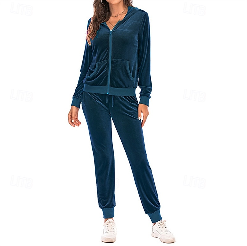 Women's Tracksuit Sweatpants Hooded Jacket Zipper Pocket Solid Colored Clothing Suit Fall Black Burgundy Velour Gym Workout Sports Windproof Long Sleeve Sport Activewear Micro-elastic Regular Fit 2025 - $42.99 –P8