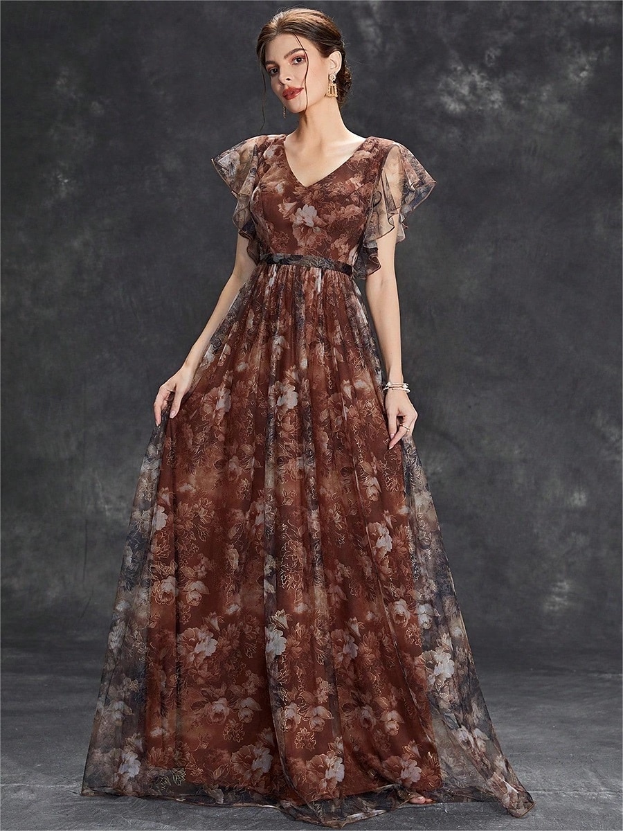 Abiti Quinceanera A-Line abito elegante formale lungo senza maniche scollatura a V in chiffon con stampa floreale del 2025 a $79.99 –P29