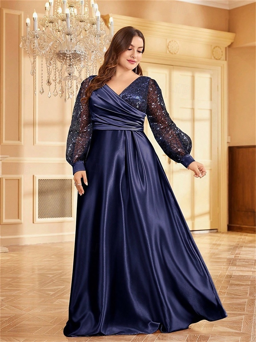 Robe A-Line Grande Taille Élégante Robe Courbe De Mariage Formelle Longue Au Sol Manches Longues Col en V En Polyester Avec Plis 2025 de 2025 ? $119.99 –P8