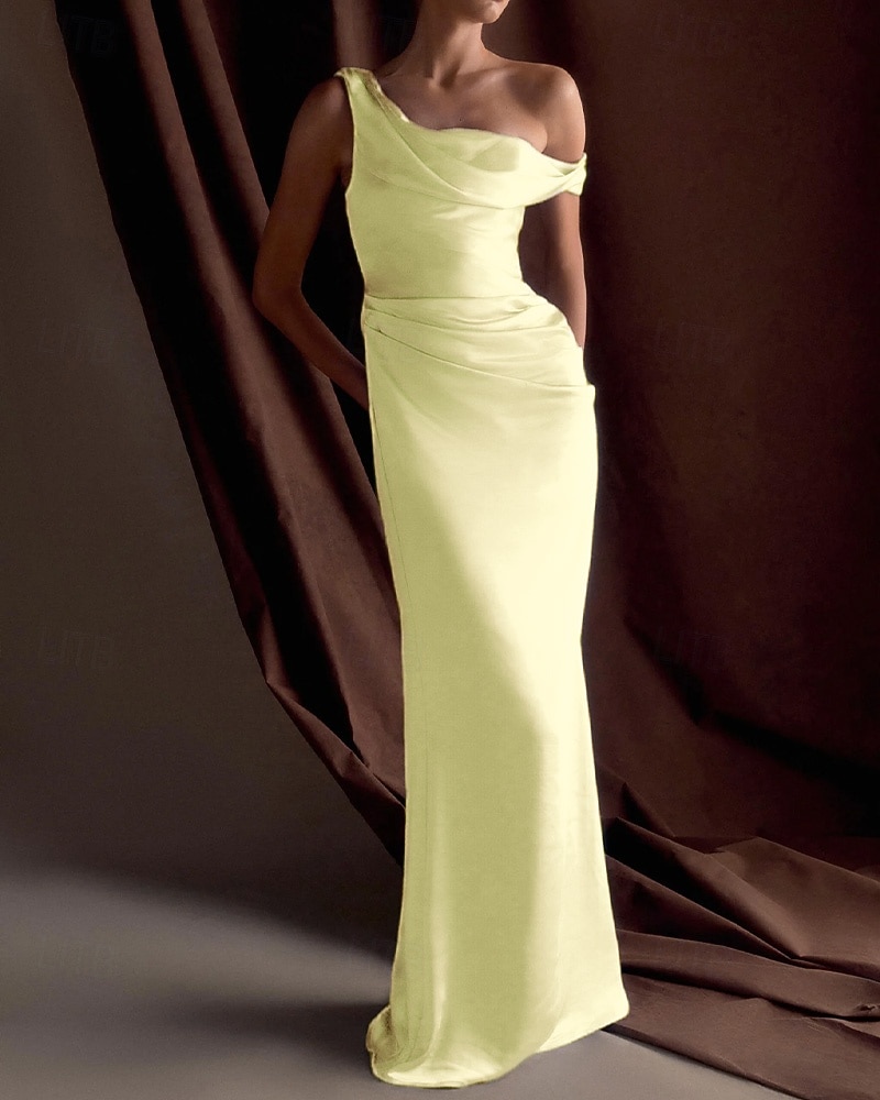Mermaid / Trumpet Evening Gown Elegant Dress Formal Semi Formal Wedding Floor Length Sleeveless One Shoulder Off Shoulder Satin with Drapes 2026 - $166.99 –P5