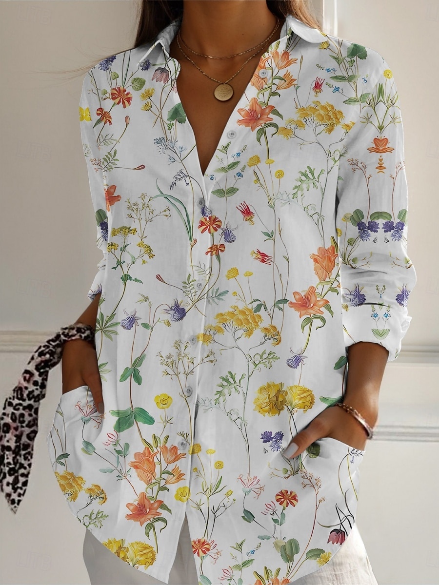 Dames Overhemd Bloemig Actief Dagelijks Stijlvol Lange mouw Overhemdkraag Normale tops Dagelijks Feestdagen Knop Afdrukken Wit Blozend Roze Marineblauw blauw Groen Lente Herfst 2025 - $25.99 –P1
