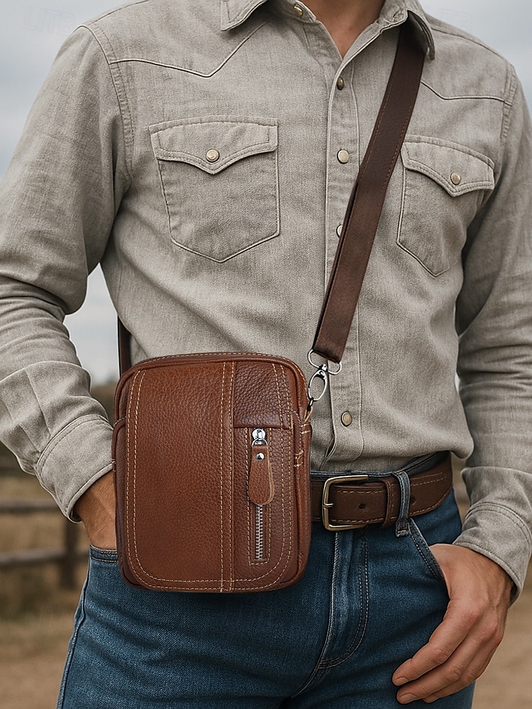 Men's genuine leather messenger bag with zipper pocket, Retro style, Can be inserted into the belt to use as a waist bag, Suitable for outdoor travel, Hiking, Camping or western cowboy wear 2025 - $26.99 –P1