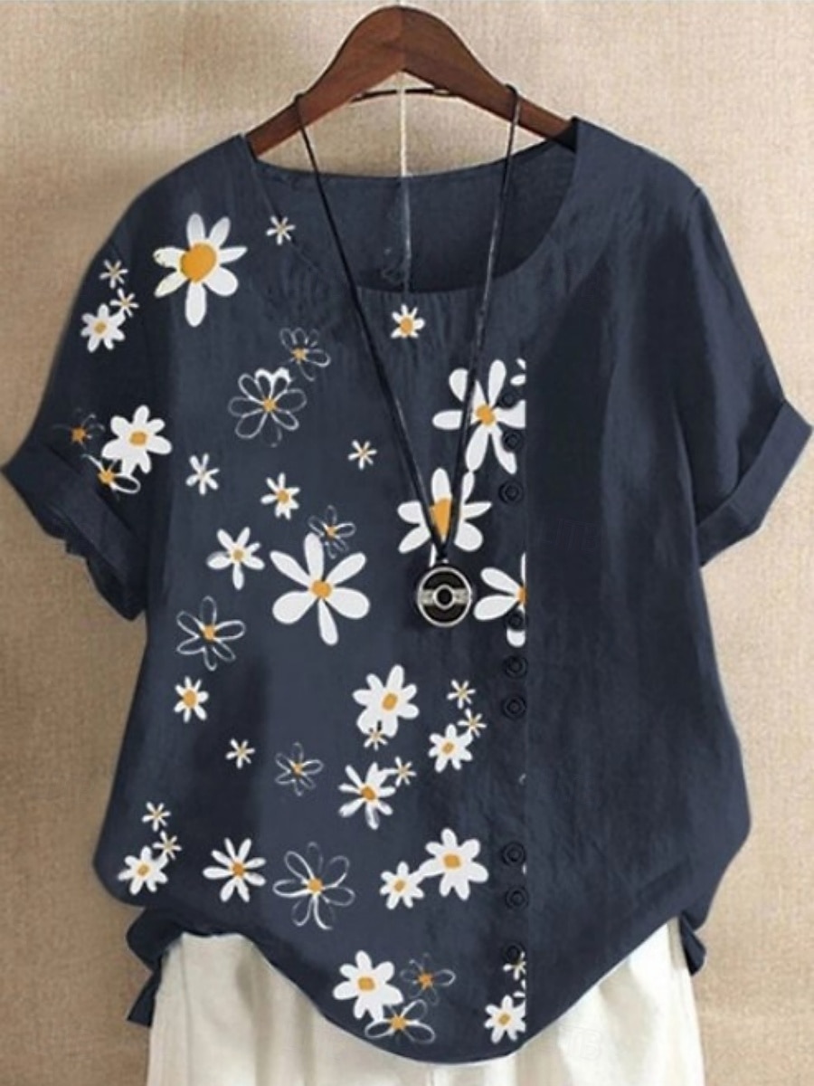 Vrouwen Linnenachtige Faux Katoen Linnen Shirts Geborduurde Bloemen Basis Casual Korte Mouw Crew Neck Reguliere Tops Dagelijkse Marineblauw Groen Lichtblauw Zomer Lente 2026 - $21.99 –P3