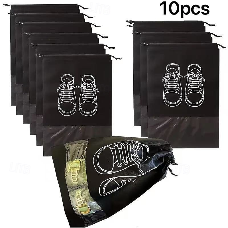 Confezione da 10 sacchetti porta scarpe da viaggio, organizer per scarpe antipolvere in tessuto non tessuto con chiusura a coulisse, finestra trasparente e design con stampa di scarpe bianche del 2025 a $5.49 –P3