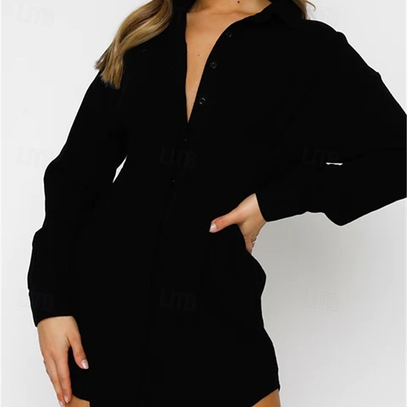 Per donna Mini Abito Abito Camicia Classico Moderno Vacanza Quotidiano Uscire Vestibilità regolare Semplice Manica Lunga Colletto a Camicia Nero Bianco Estate del 2025 a $25.99 –P6