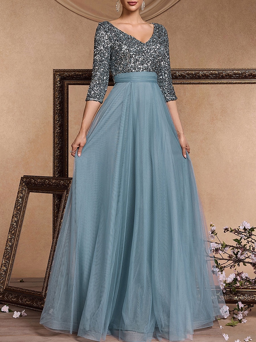Vestido de Gala em A Vestido Elegante Formal Casamento Comprimento do Chão Manga 3/4 Decote em V Com Lantejoulas com Lantejoulas de 2025 por $119.99 –P3