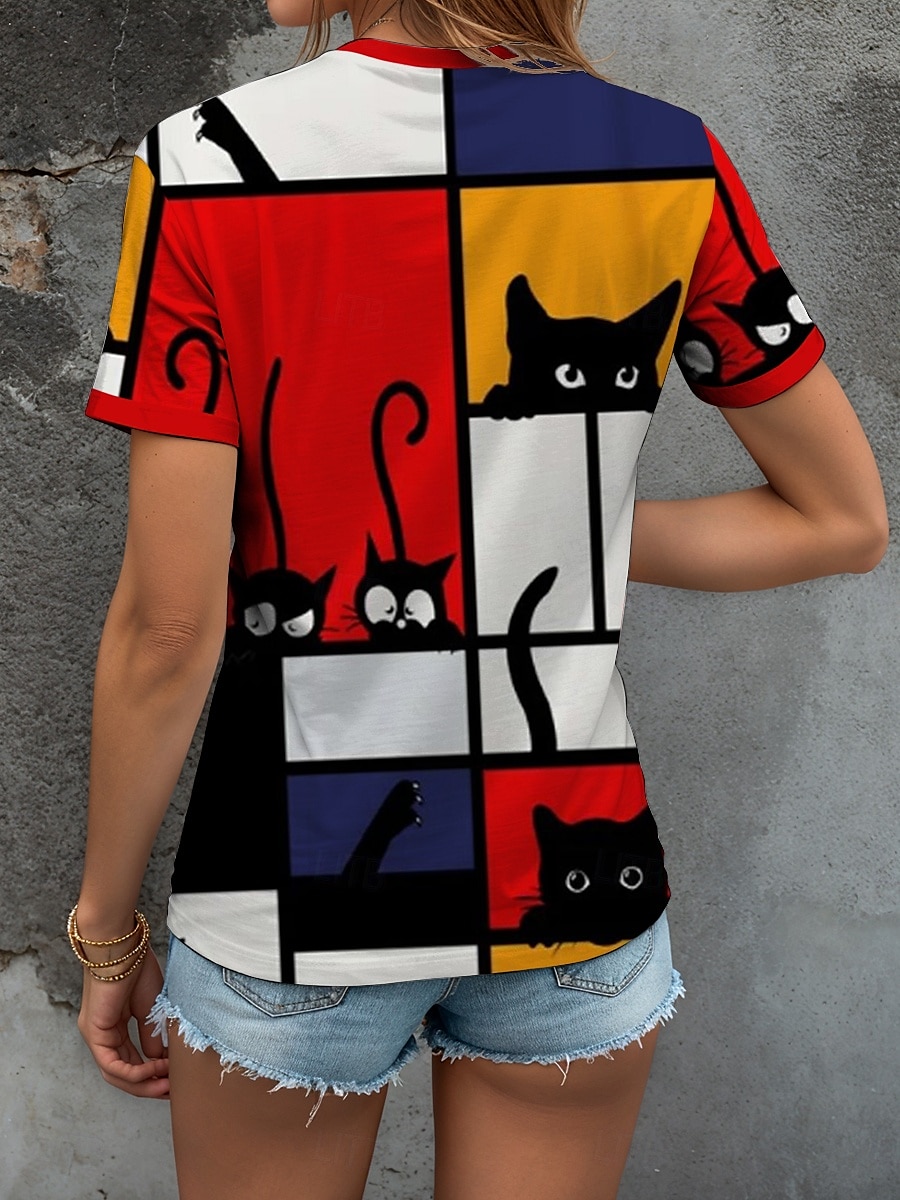 Pentru femei Tricou Grafic Geometric Pisica Epocă Stilat Clasic Manșon scurt Stil Nautic Rotund Topuri obișnuite Zilnic Sfârșit de săptămână Imprimeu Galben Roșu-aprins Albastru piscină Vară Primăvară 2025 - $21.99 –P2