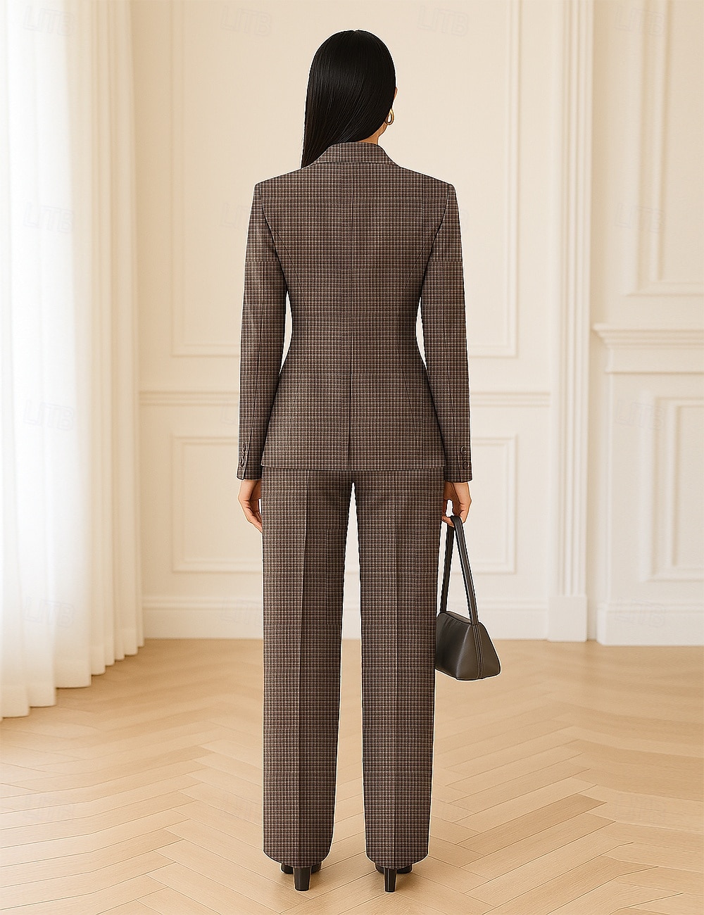 Plaid Two Piece Jumpsuit / Pantsuit Pantsuit Mother of the Bride Tailored Blazer Set Vintage Simple Notched Lapel Floor Length Stretch Suit Long Sleeve with Flap Pockets 2025 - $179.99 –P3