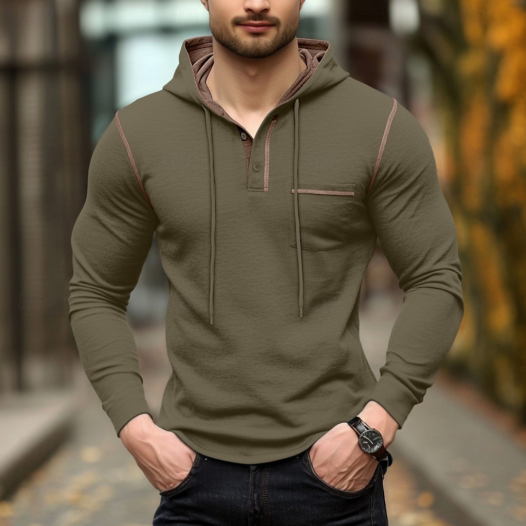 Per uomo Maglietta Felpa con cappuccio Henley Manica Lunga Con Cappuccio Henley Primavera & Autunno Tinta unica Maglieria Quotidiano All'aperto Tasca All'aperto Casual Casuale Grigio scuro blu navy del 2025 a $22.99 –P7