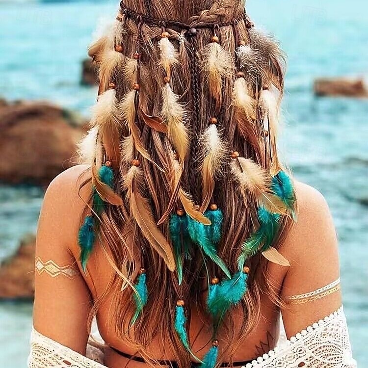 Cerchietto con piume boho, copricapo hippie, copricapo zingaro, costume indiano, accessori per capelli bohémien per donne e ragazze, blu e rosso. del 2025 a $10.99 –P5