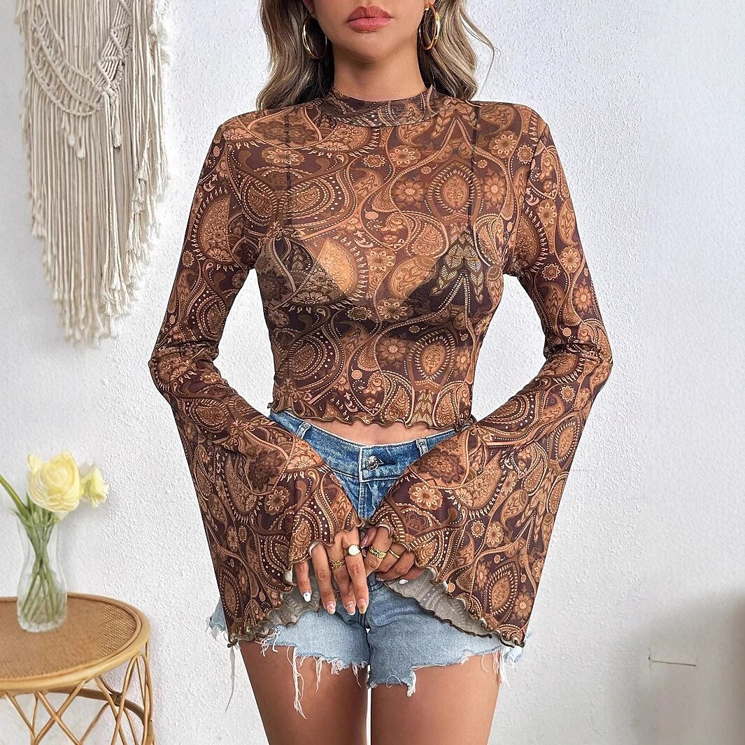 Dámské Boho košile Halenka Kašmírový vzor Denní stylové Dlouhý rukáv Zvonové Tričkový Crop Tops Denní Dovolená Tisk Hnědá Léto Jaro 2025 - $15.99 –P1