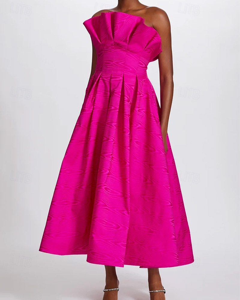 Moire A-Lijn Cocktaillabel Elegant Jurk Formele Semi Formele Bruiloft Tea Lengte Midi Lengte Mouwloos Strapless Satin Ruffles met Zakjes 2025 - $149.99 –P3