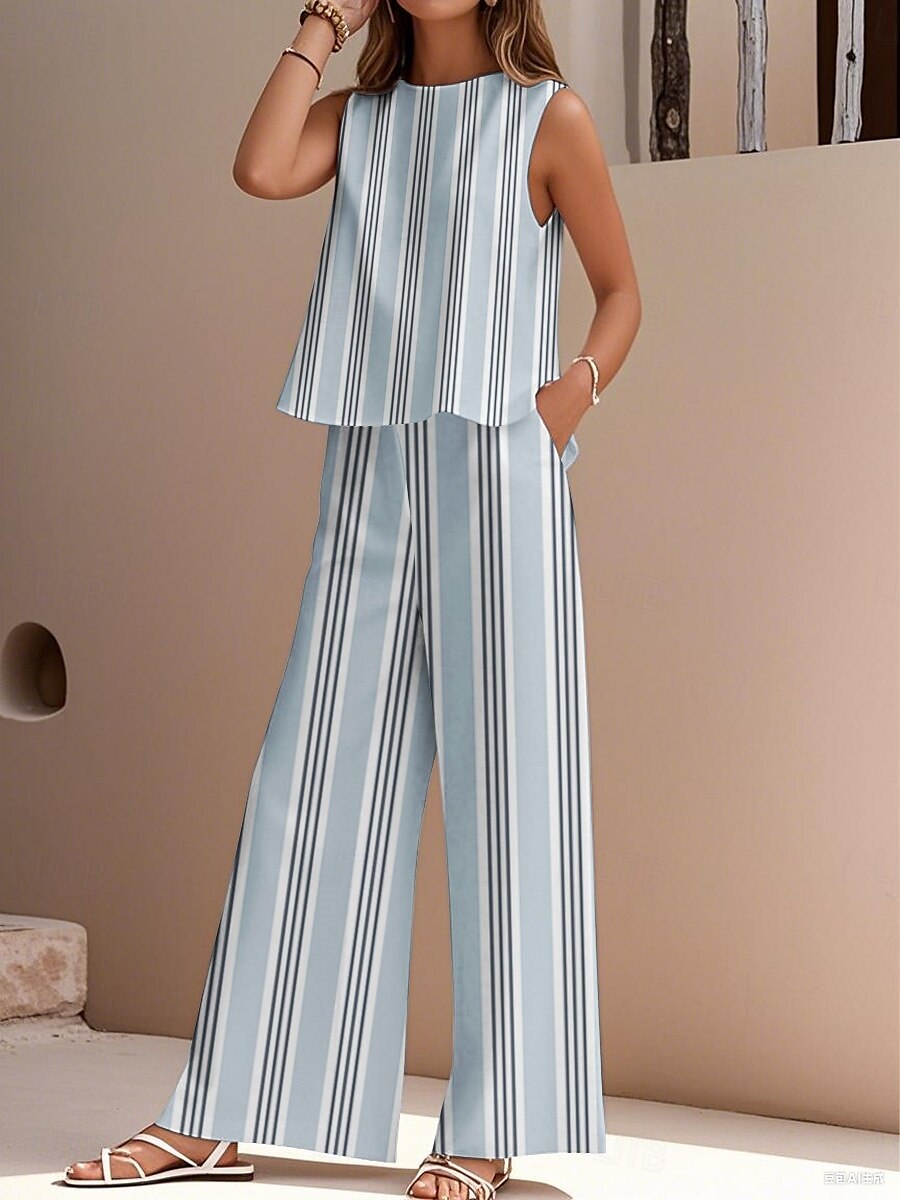 Women's Elegant Fashion Streetwear Two Piece Sets Blouse Vest Pants Trousers Sleeveless Crew Neck Outdoor Work Casual Striped Print Vacation Daily Holiday Blue Gray Light Blue Summer Regular Fit 2025 - $36.99 –P3