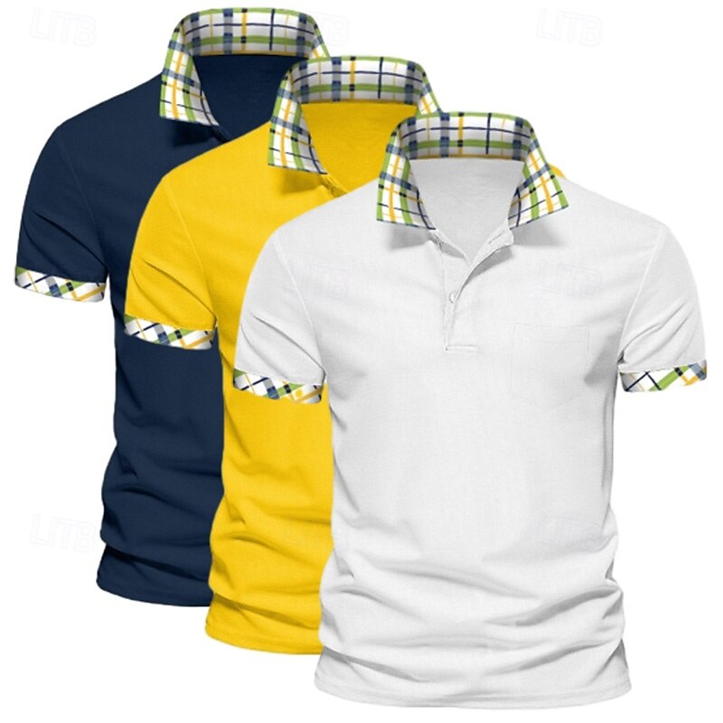 Camisa polo masculina de 3 peças, cor sólida, xadrez, bloco de cores, camisa de golfe, manga curta, lapela, casual, esportiva e ao ar livre, botões, verão, primavera e outono, verde, azul de 2025 por $45.99 –P4