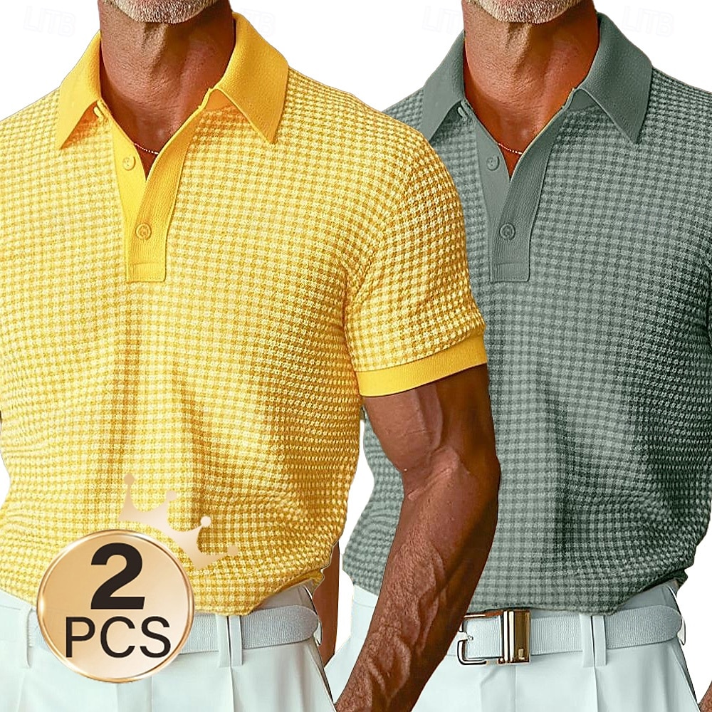 herr 2 st våffelpikétröjor semester casual nedbäddningströja kortärmad semester fritid enfärgad ficka sommar 2025 - $39.99 –P5