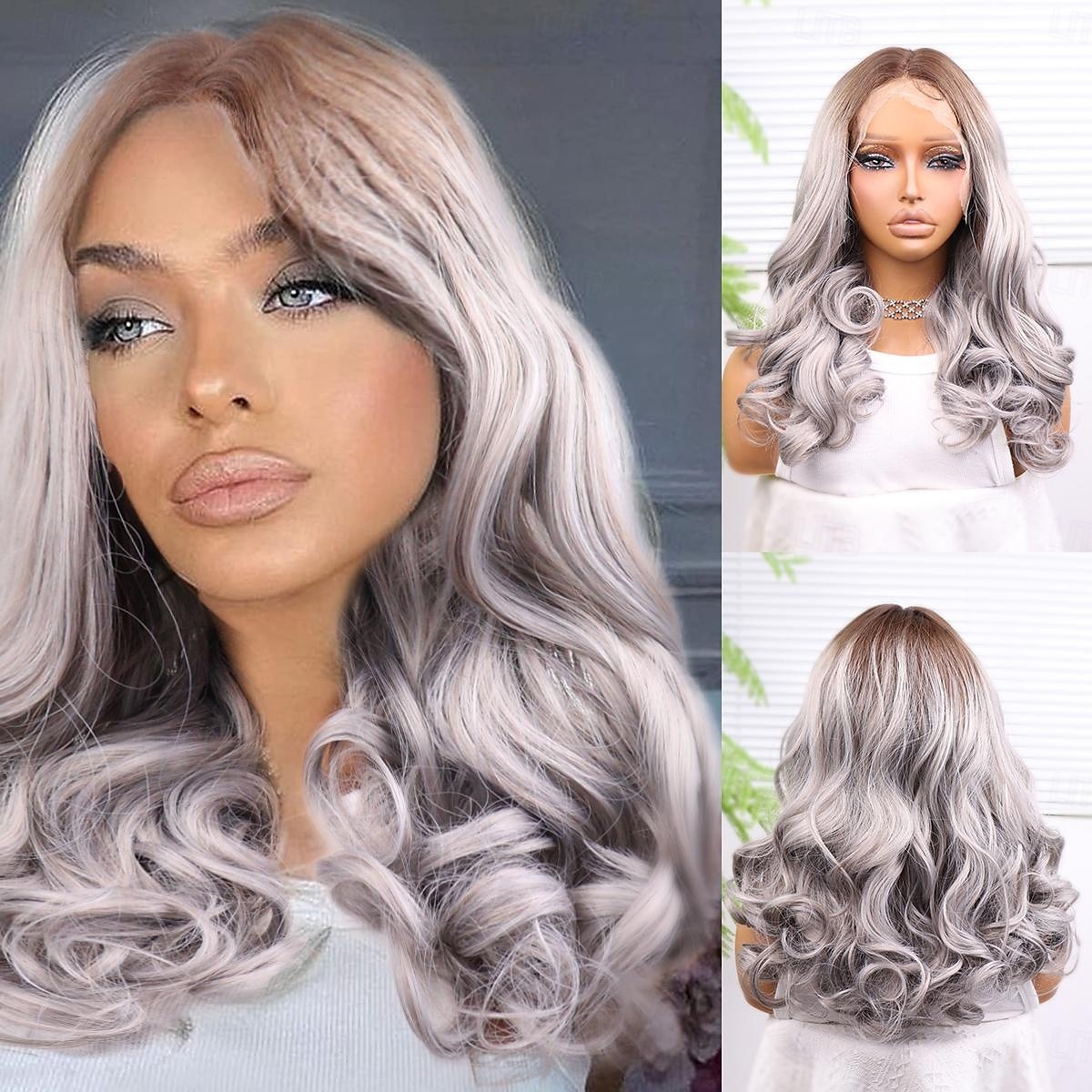 Parrucca in pizzo sintetico Ricci profondi Stile 16 pollice Grigio Riga centrale 13x4 Fronte in Pizzo Parrucca Per donna Parrucca Grigio argento del 2025 a $66.99 –P1