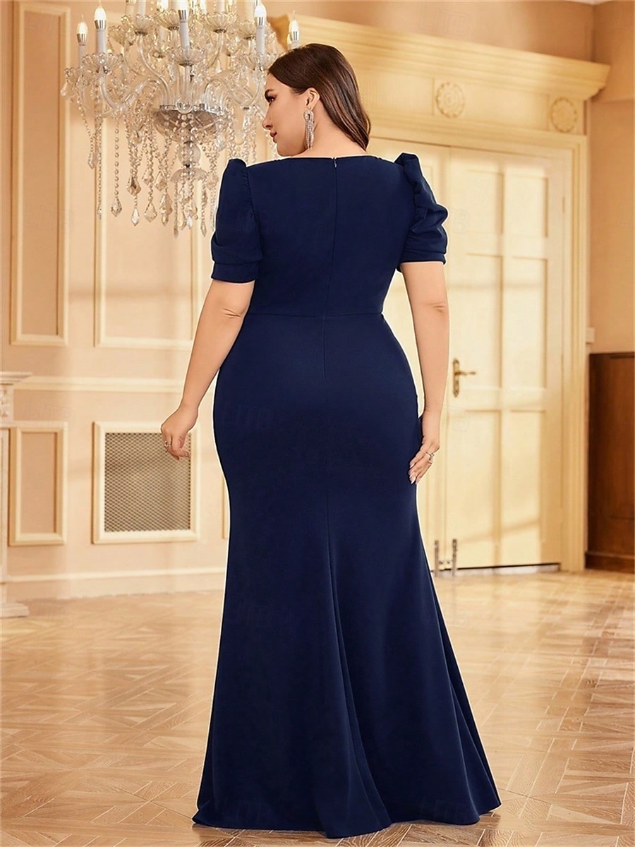 Mermaid / Trumpet Plus Size Dresses Elegant Curve Dress Formal Wedding Floor Length Short Sleeve V Neck Polyester with Appliques 2025 - $99.99 –P5