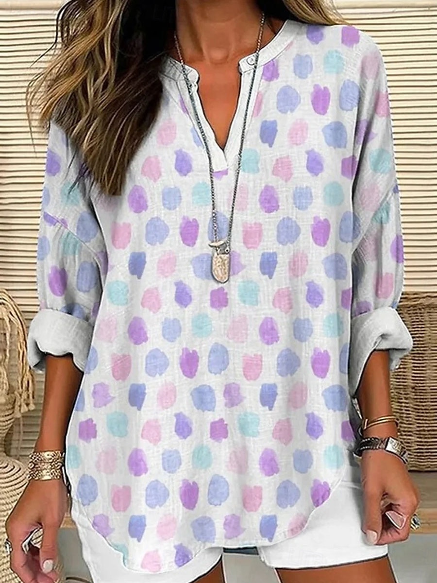 Dames Blouse Grafisch Stip Elegant Stijlvol Lange mouw V-hals Normale tops Dagelijks Feestdagen Afdrukken blauw Paars Groen Grijs Zomer Lente 2025 - $24.99 –P2