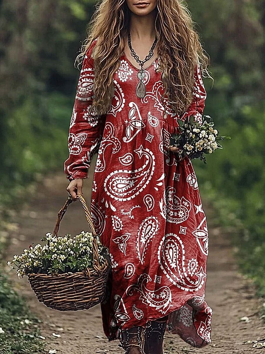 Women's Maxi Dress A Line Dress Vacation Casual Boho Going out Beach Loose Fit Floral Graphic Paisley Long Sleeve V Neck Red Blue Green Gray Summer Spring 2025 - $35.99 –P1