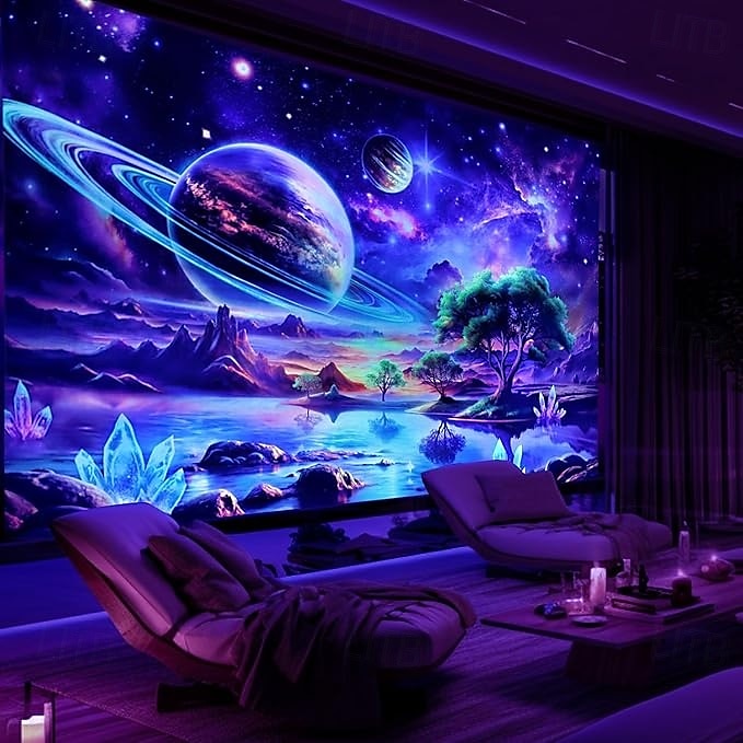 Zwartlicht wandtapijt glow in het donker glow party UV-reactieve sterrenstelsel trippy mistige paddenstoel natuur landschap hangend wandtapijt muurkunst voor woonkamer slaapkamer 2025 - $15.99 –P3