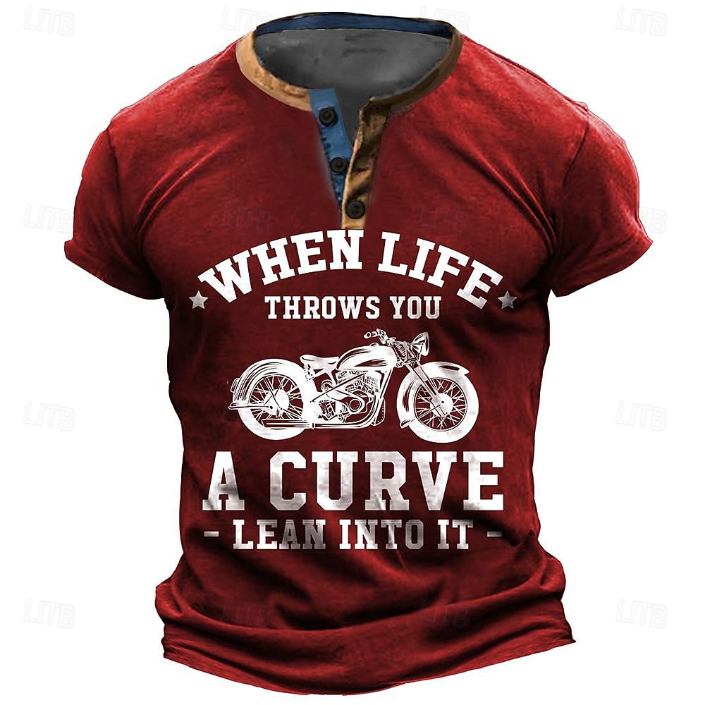 Mannen's Henley Hals Korte Mouwen T-Shirt Motorfiets Grafische T-Shirt met "Wanneer Het Leven Je Een Curve Geeft - Leun Erin" Levensstijl Quote Casual Top 2026 - $22.99 –P4