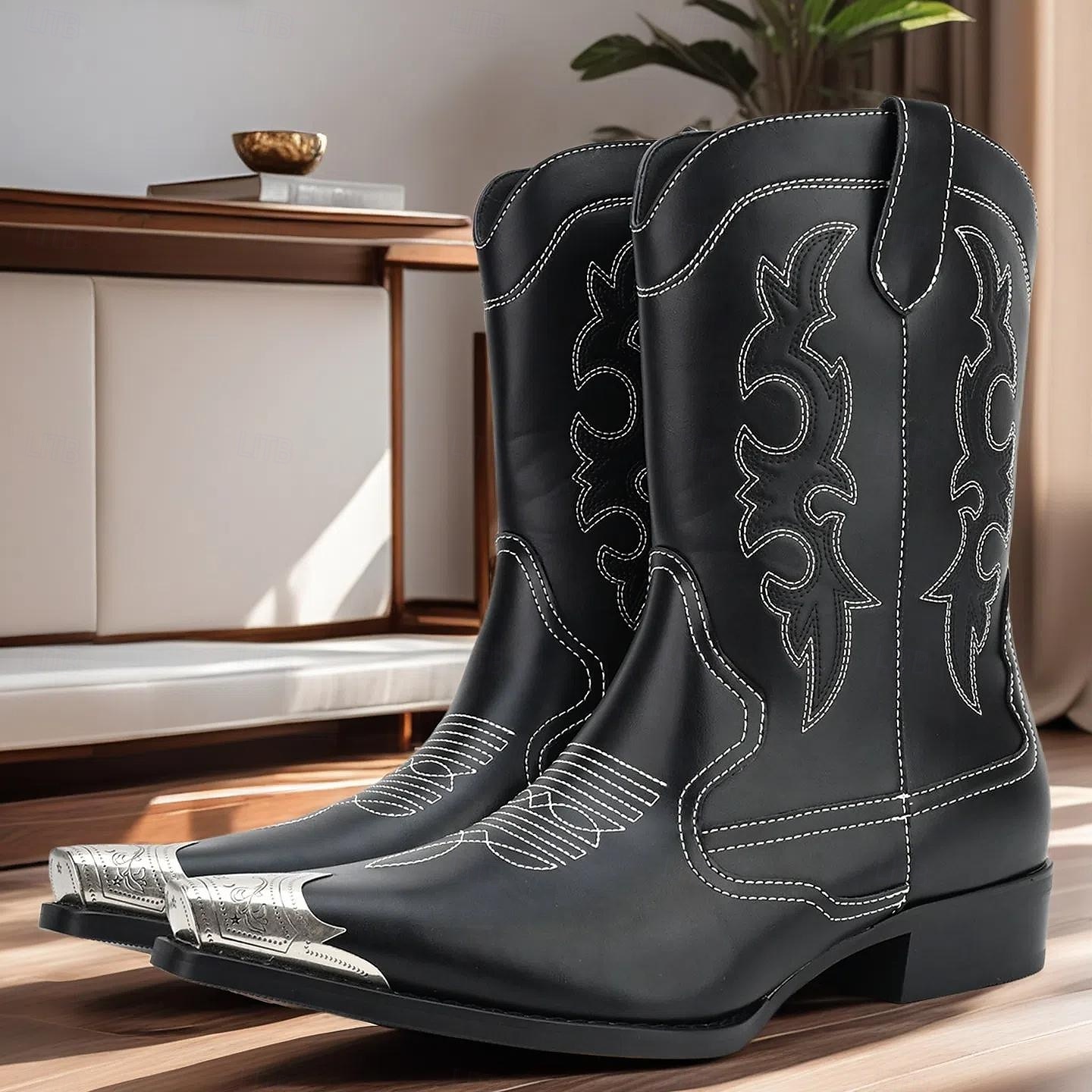 Homme Bottes Bottes de Cowboy Marche ancien Occasionnel Microfibre Chaud Confortable Antidérapant Mocassin Noir de 2025 ? $84.99 –P1